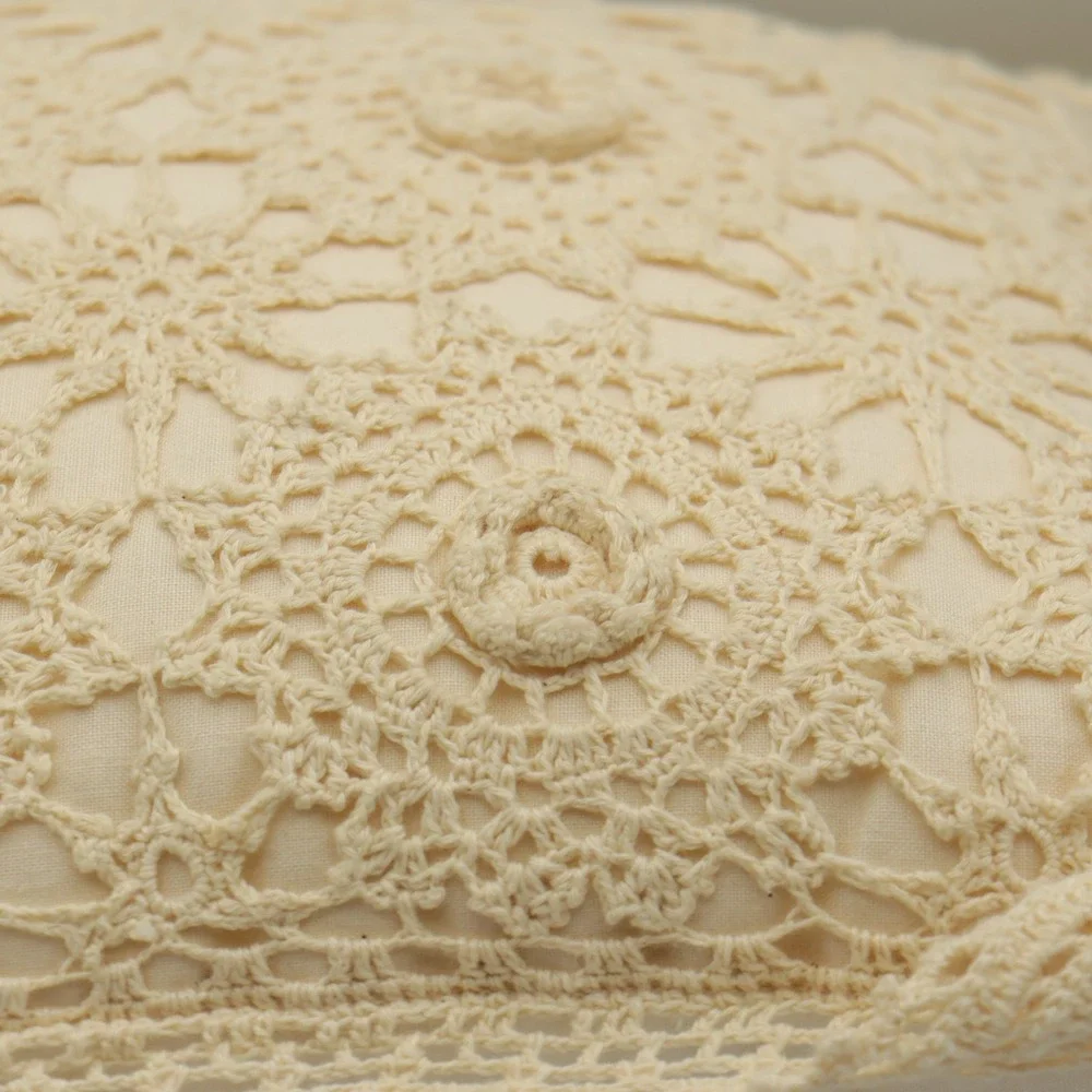 Grandmacore Cottage Crochet Lace Throw Set (3) Pillows Beige Vintage Granny Rose